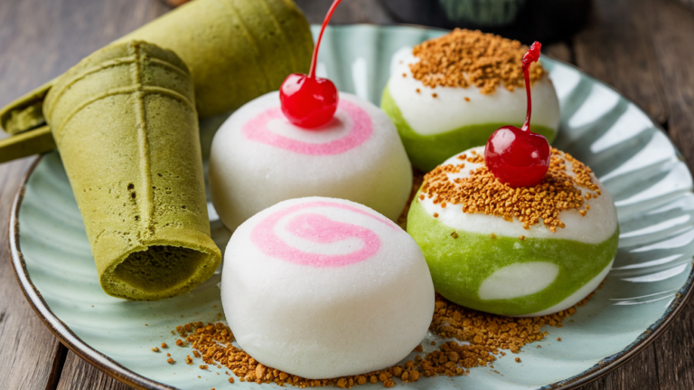A close-up of a plate with a variety of Japanese mochi. There's a white mochi with a pink swirl, a green mochi with a white swirl, and a plain white mochi. The mochi are topped with a dusting of kinako (roasted soybean flour) and a cherry on top. There are also some matcha (green tea) ice cream cones on the plate. The background is a wooden surface.