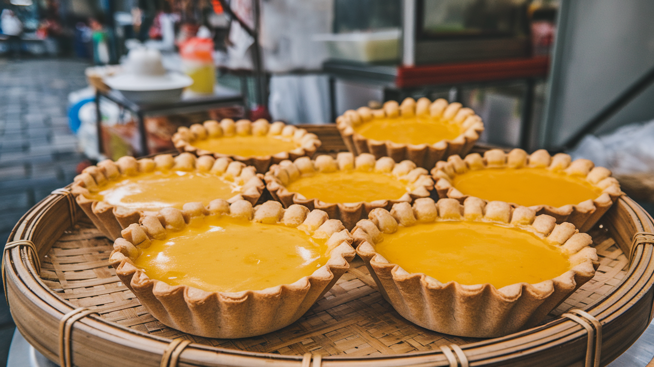 Freshly baked Hong Kong-style egg tarts with a golden, flaky crust and smooth, glossy custard filling, served on a plate. A classic Cantonese dessert popular in dim sum restaurants and bakeries