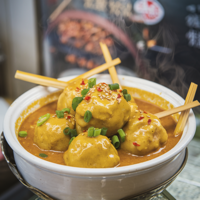 A close-up of Hong Kong-style curry fish balls in a rich, golden curry sauce, garnished with green onions and chili flakes, served in a bowl with skewers.