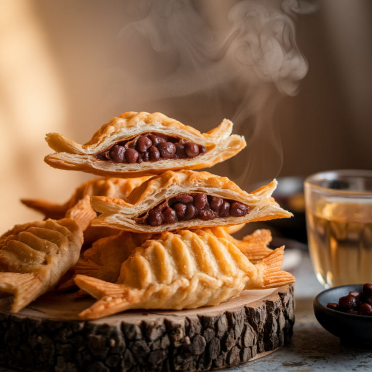 A stack of golden-brown, crispy Bungeoppang (Korean fish-shaped pastries) with a warm red bean filling, served on a wooden board with a side of Korean tea.