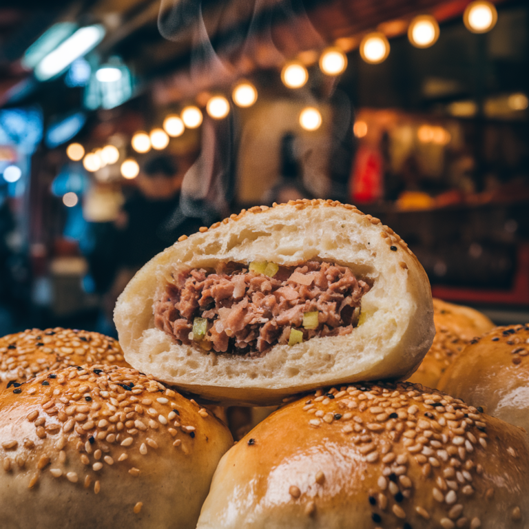 A close-up of freshly baked Taiwanese Black Pepper Buns (Hújiāo Bǐng, 胡椒饼) with golden, crispy crusts sprinkled with sesame seeds. One bun is broken open, revealing a juicy, peppery pork filling with finely chopped green onions. The steam rising from the filling highlights the freshly baked texture, while the buns are arranged on a rustic wooden board with a side of soy sauce and chili oil.