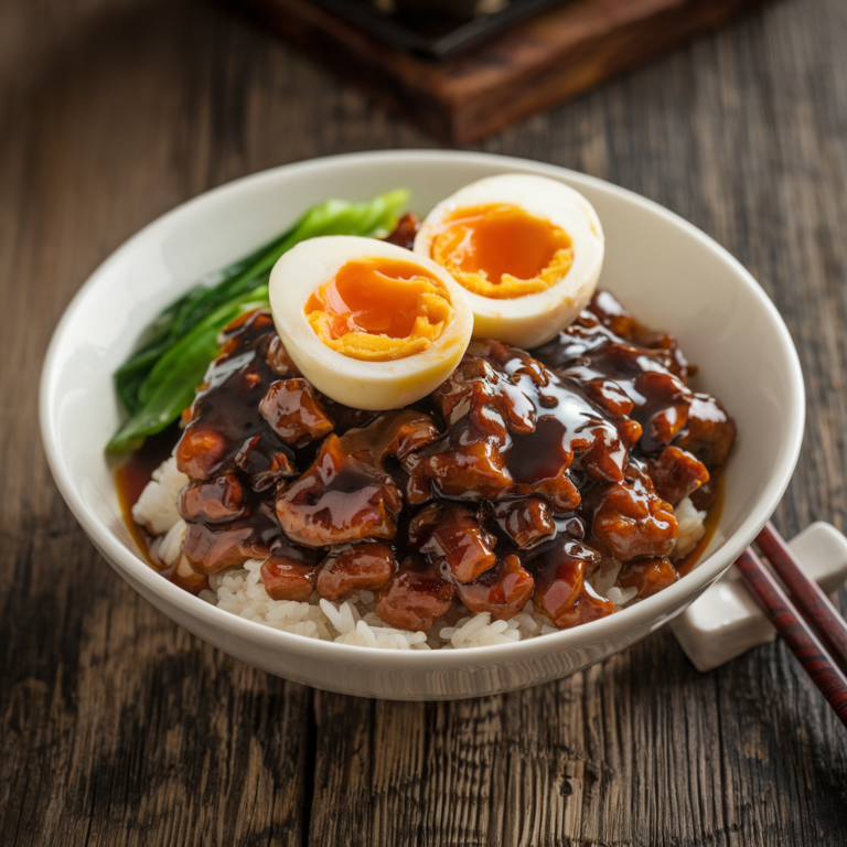 A bowl of Taiwanese Lu Rou Fan with savory minced pork, steamed rice, soft-boiled egg, scallions, and pickled mustard greens, served on a rustic wooden table.